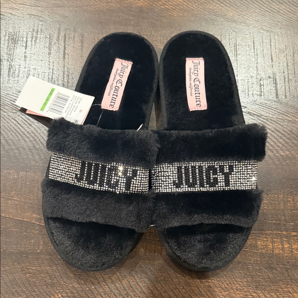 Juicy Couture Black Furry Slippers with Silver Accents
